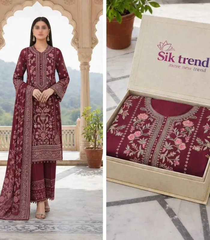 Elegant Maroon 3-Piece Embroidered Suit